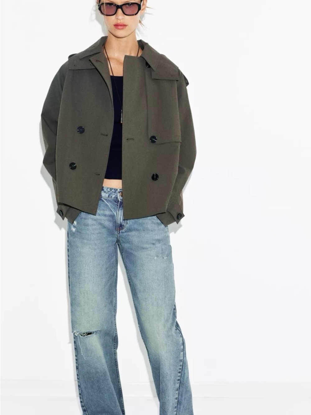 Zara Short Olive Double-Breasted Trench Jacket - Picture 3 of 8